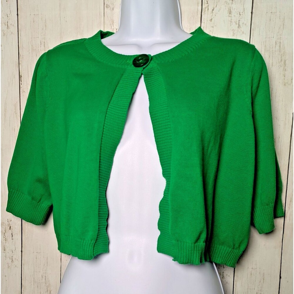Green Cropped Knit Cardigan Sweater Short Sleeve Size Large Twee Academia Spring